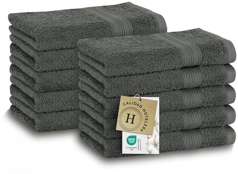 ZOLLNER Set de 10 Serviettes pour invités en 30x50 cm - particulièrement Douces et absorbantes en Couleur Anthracite - avec accroche Pratique - lavables jusqu'à 60°C - Coton - qualité hôtelière