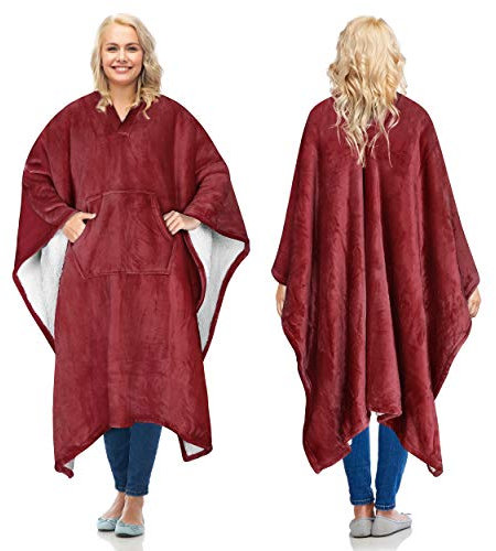 Catalonia Classy Sherpa Fleece Poncho Blanket Super Soft Warm Cosy Wearable Large Blanket for Adult Women Men Fluffy Throw Indoors or Outdoors, 200 x 140 cm Wine