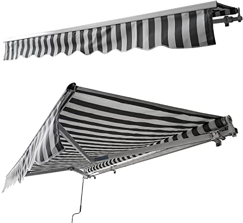Ikodm Store de terrasse 350 x 300 cm manuel articulé imperméable et protection solaire, auvent de terrasse pour balcon, auvent articulé blanc/gris rayé montage nécessaire