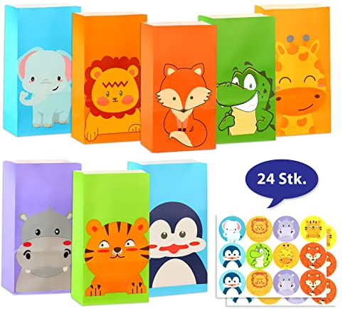 24 Stück Tiere Geschenktüten Kindergeburtstag | Tierbild Papiertüten Partytüten Geburtstagstüten | Geschenk Mitgebsel Tüten Kraftpapier | Geschenkverpackung Geburtstagsparty | 24 Aufkleber