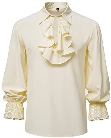 Herren Renaissance Rüschen Hemden Mittelalter Vintage Jabot Kragen Piraten Kostüm Tops, khaki, XL