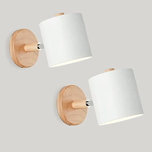 LIGKIN 2 Piezas Aplique de Pared Interior Moderno Lámpara de Pared Madera E27 Pantalla Metálica Foco de Luz Ajustable para Mesilla de Noche Oficina Sala de Estar Lectura, Blanco