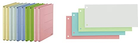 PLUS Japan, Zero Max Platzsparordner farbig sortiert, 10er Pack (1 x 10 Ordner) & Oxford Trennstreifen, aus Karton, gelocht, 190 g/m², 4 Farben, 100 Stück