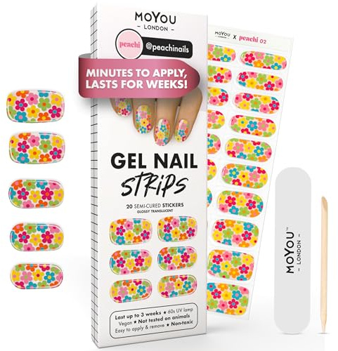MOYOU LONDON Semi Cured Gel Nail Strips - 20 Pcs. Waterproof Gel Nail Wraps, Cures in Sunlight or UV/LED Lamp, Lasts Up to 2+ Weeks, Stretchable, Easy to Apply & Remove, Vegan & Cruelty-Free