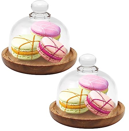 2 Pack Glass Dome with Wooden Base, 3.4 Inch Mini Cake Stand Glass Display Dome Cloche Clear Glass Bell Jar Cover for Dessert Cheese Candy Plants Succulents