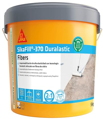 SIKA - Impermeabilización reforzada con fibra - SikaFill 370 Fibers - Gris - Pintura acrílica con fibras de vidrio para impermabilización de cubiertas y terrazas visitables - Puenteo de fisuras - 5kg