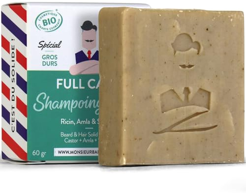 Monsieur BARBIER | Shampoing Solide ultra moussant | 100% naturel, végan, Bio et certifié COSMOS ORGANIC | Ricin, Amla & Shikakaï | Savon de 60g