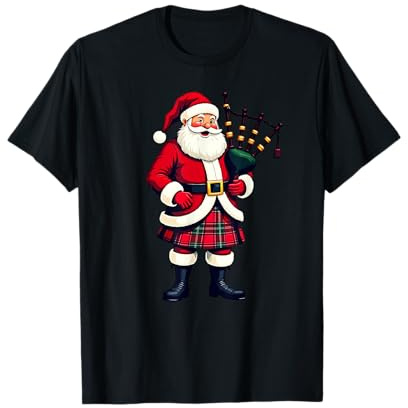 Christmas Santa with Scottish Twist Tee T-shirt de Noël Père Noël écossais jouant à la cornemuse T-Shirt Unisex Hiver Noir Small