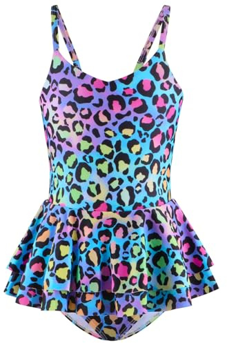 Allmeingeld Toddler Girls' One-Piece Leopard Swimwear with Skirt Colorful Bathing Suit 7 Years