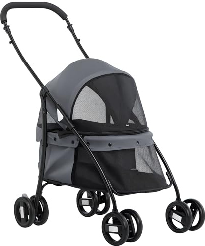 PawHut Passeggino per Cani Pieghevole con Tettuccio Regolabile, Borsa e 2 Guinzagli, Passeggino per Animali in Tessuto Oxford e Acciaio, 82x47x97 cm, Grigio e Nero