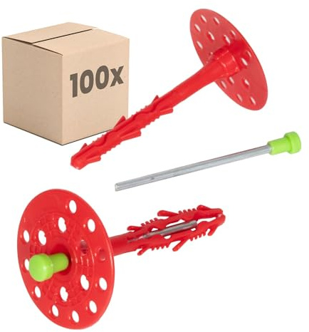 PROTEKTOR Chevilles d'isolation (cheville ITE) 100 pièces Ø8x100mm avec clou en acier pour façade extérieure, polystyrène, l'isolation de façade, cheville à frapper certifiée ETA Chevilles à disque