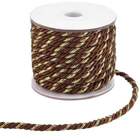 PH PandaHall Cordoncino intrecciato marrone a 3 strati, 5 mm, metallico, intrecciato, corda decorativa, filo di seta lucida, per decorazioni domestiche, matrimoni, lauree, borse, cordini, 15 m