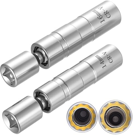 Set di 2 Bussola per Candele a Parete Sottile, Chiave Candela 14mm 16mm, Chiave a Tubo per Smontare Candelette con Attacco Magnetico, attacco da 3/8 pollice a 12 punte con snodo universale