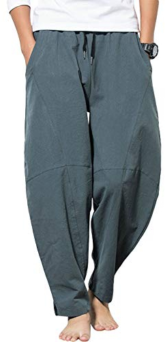 G-LIKE Herren Damen Haremshose Aladinhose - Chinesisch Retro Stil Weite Beine Yogahose Pilates Kampfsport Kung Fu Tai Chi Thailändisch Freizeit Knickerbocker Ausgeleiert Training Hose (Grau, L)