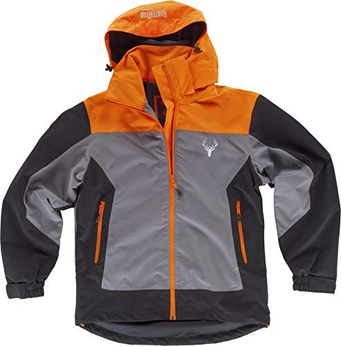 Work Team Chaqueta Caza y Pesca Impermeable combinada Tricolor. Cuello Alto y Capucha Desmontable con cordón elástico y Pieza Ajustable. Cubrecosturas Hombre