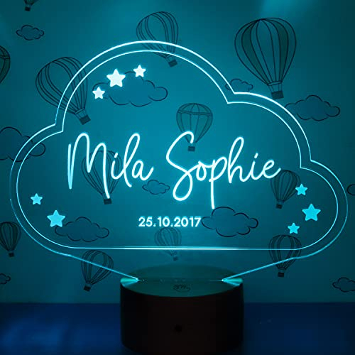LAUBLUST 3D LED Nachtlicht für Kinder - Personalisierte Lampe mit Baby Namen & Wunschtext | Natur, Drei Holzsockel - Geschenk zur Geburt & Taufe für Mädchen und Jungen - Kinderzimmer Deko (Wolke)