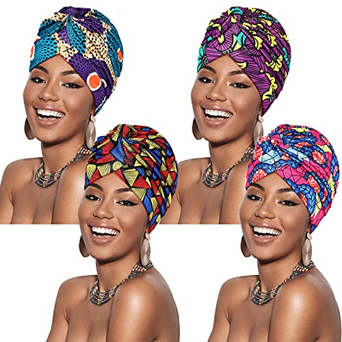 Geyoga 4 Pezzi Berretto Turbante da Donna Africana Foulard Cappello da Donna Copricapo Elasticizzato Attorcigliato (Stile Elegante)
