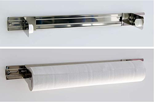 Ärzterollenhalter-Rollenhalter für Liegenababdeckung-Ärztekrepphalter | Edelstahl verchromt | zur Wandmontage und Befestigung an Liege | Maße mm: 115 x 650 x 7 (HxBxT) | bis max. 65 cm Breite