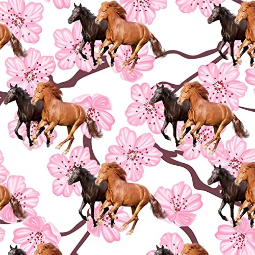 Polsterstoff für Pferde,Meterware,Kirschblüten,galoppierende Pferde,Outdoor Stoff,Meterware,Dekostoff für Mädchen,Sakura Pferdeliebhaber,für Polster und Heimwerkerprojekte,92x160cm,Rosa Braun