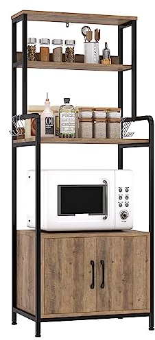 HOCSOK Scaffale da Cucina, Armadio da Cucina, Mobile per Microonde con 2 Ante, 4 Scaffale e 8 Ganci, Mobile Ausiliario per Stoviglie, Spezie, Legno, 60x40x149cm, Antico