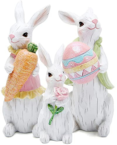 Hodao Easter Bunny Decorations Spring Indoor Home Decor Bunny Figurines (Easter White Bunny Family)