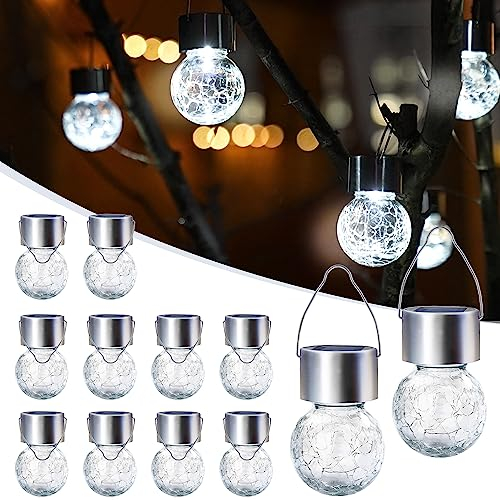GIGALUMI 12 Stück Solar-Außenleuchten, Solar-Hängeleuchten für Weihnachtsdekoration, rissiges Glas, Solarleuchten für den Außenbereich, wasserdicht für Garten, Hof, Zaun, Baum (kaltweiß)