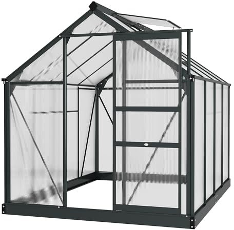 Outsunny 6 x 8ft Polycarbonate Greenhouse, Large Walk in Green House with Slide Door and Window, Garden Plants Grow House with Aluminium Frame and Foundation, Grey