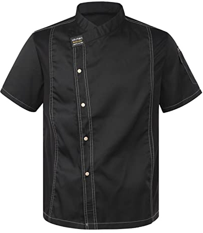 dPois Veste de Chef Cuisinier Homme Femme Manches Courtes Vêtements de Chef Manteau Uniforme Restaurant Blouse de Cuisine Professionnel Travail - Taille Petit Noir L