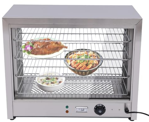 BJTDLLX Varmhållningsvitrinskåp catering varm disk värmeskåp matvärmare 800 W mat värmedisk toppmonterat vitrinskåp 30-85 °C varmhållningsvitrinskåp med 4 hyllor i rostfritt stål, 64 x 34 x 53 cm