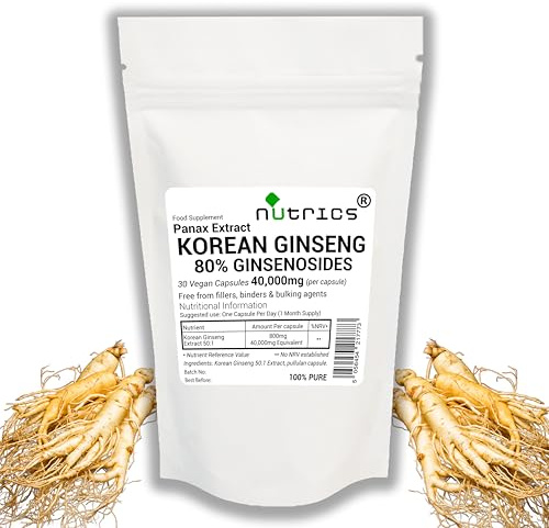 Nutrics® 80% Ginsenosides 40,000mg (per Capsule) Korean Ginseng 50:1 PANAX Root Extract Vegan Capsules - Pure Gelatinised Korean Ginseng Supplement 30 Capsules (1 Month Supply)