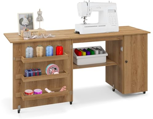 COSTWAY Folding Sewing Table, Rolling Craft Table Hobby Desk with Storage Shelves, Side Cabinet and Lockable Wheels, Space Saving Drop Leaf Sewing Machine Table Computer Desk Workstation (Brown)