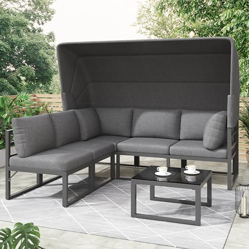 Merax Juego de muebles de jardín para 5 personas, con toldo y mesa, sofá esquinero de hierro galvanizado, resistente a la intemperie, incluye cojines, color gris