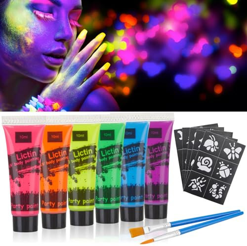 Lictin 15 Peças Pintura Facial-Pintura Corporal,Pintura Arte Corporal UV Luz Preta Fluorescente, Maquilhagem de Arte Florescente cor Maquilhagem para Fiesta,Halloween,Carnaval,Fiesta De Disfraces
