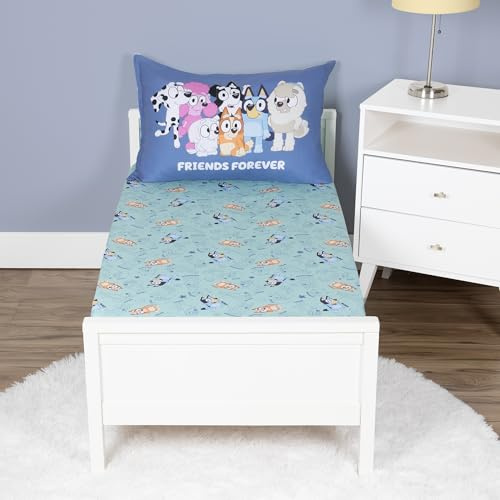 Bluey Sheet Set - Fits Toddler Bed or Crib Mattress - Fitted Sheet and Pillow Case, Green