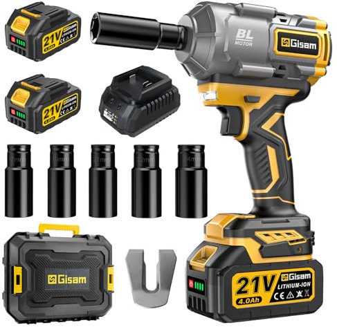 Gisam Llave de Impacto de 650 N.m sin escobillas, Llave de Impacto Eléctrica de 1/2 pulgada con Batería de 2x4.0Ah, Cargador Rápido, Destornillador de Impacto con 5 Tomas para el Coche y el Hogar