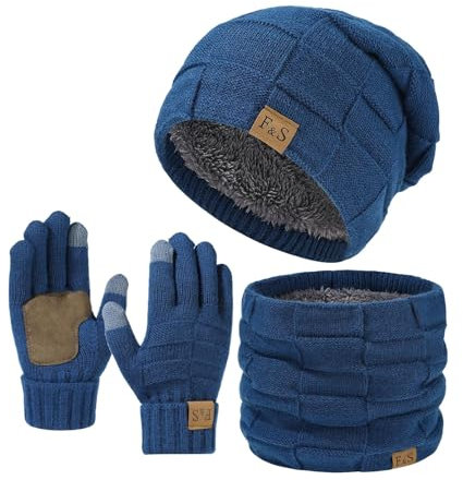 Cexiakong Set di cappelli e guanti per uomo e donna, berretto invernale Slouchy, berretto lavorato a maglia, guanti touchscreen, sciarpe, scaldacollo, scaldacollo, scaldacollo, accessorio morbido, Blu