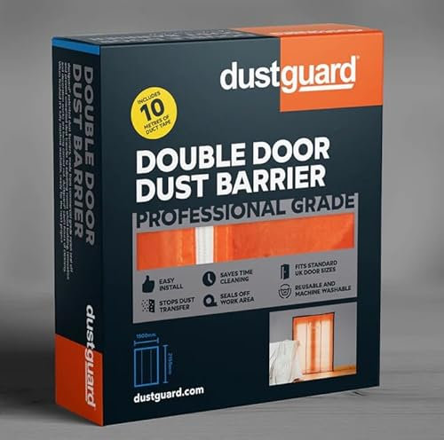 dustguard, Barrière anti-poussière à double porte, facile à installer (215 cm H x 150 cm l), scelle la zone de travail. * Qualité professionnelle* Lavable en machine et réutilisable. Design breveté