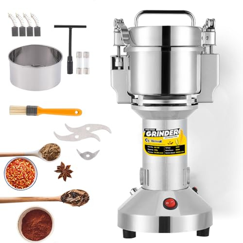 Electric Grain Mill 30-300 Mesh Superfine Grinding for Herbs/Grains/Spices/Seeds High Speed Stainless Steel (150g Vertical)