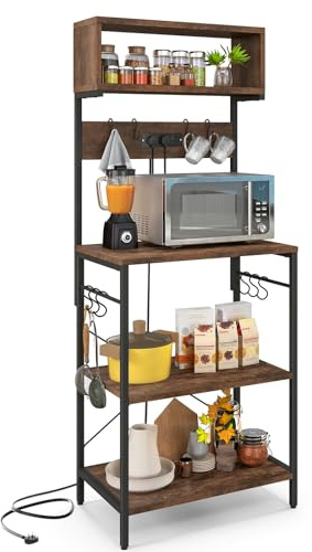 COSTWAY 5 Tier Kitchen Baker’s Rack, 153cm Tall Microwave Oven Stand with Power Outlets, 10 S-Shaped Hooks, Adjustable Foot Pads & Anti-Toppling Device, Free Standing Utility Storage Shelf