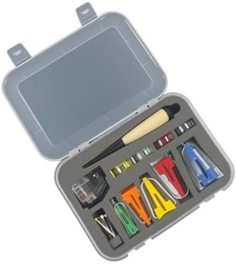 Schrägbandformer Set mit 5 Größen (6 mm, 9 mm, 12 mm, 18 mm, 25 mm), Bindungsfußclips, Nadeln, Ahle und Quiltwerkzeugen