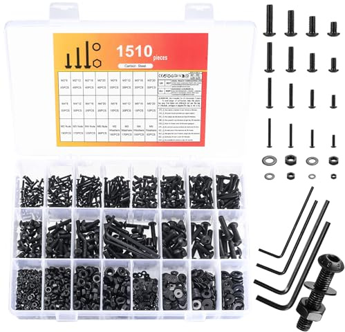 1510 Pcs M2 M3 M4 M5 Nuts and Bolts Assortment, Round Head Hex Socket Button Head Cap Screws Bolts and Nuts Set, Small Assorted Nut and Bolt Sets with Washers, Hex Black Machine Screws Assortment