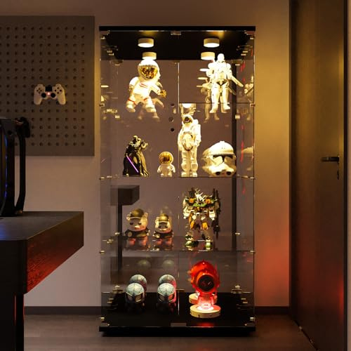 MGMYM Vitrine en verre avec porte, étagère d'angle avec lumière et verrouillage, bibliothèque pour salon, bureau, objets de collection (noir, 2 portes, 4 étagères, miroir + lumière)