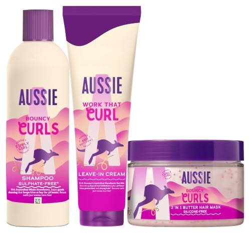 Aussie Bouncy Curls Champú 300ml + Mascarilla 500ml + Crema 160ml. Hidrata el Pelo. Con Aceites de Jojoba, Coco y Macadamia. Sin Siliconas
