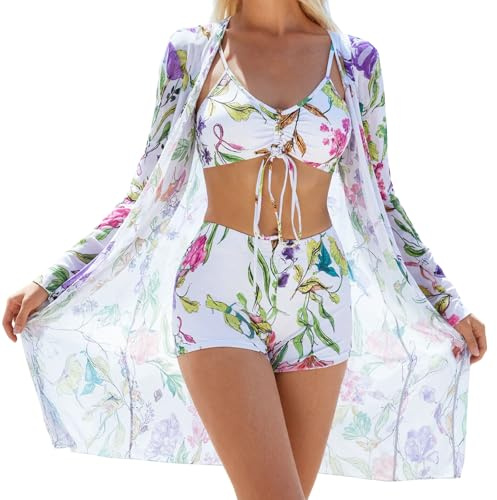 Women’s 3 Piece Bikini Set UK, High Waisted Tummy Control Bikini with Lightweight Cover Up, Adjustable Tie Front Bikini Top Swimming Costume (M, White)