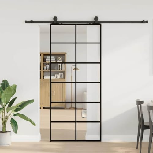 Puerta corredera, puerta corredera con herraje, color negro, 90 x 205 cm, cristal ESG, sistema de puerta corredera para puertas correderas, puertas interiores, separadores