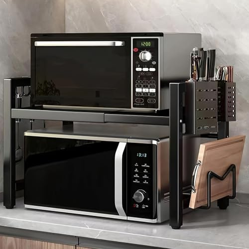 SOONHUA Mensola regolabile per microonde espandibile a 2 livelli, con supporto per microonde, estensibile da 40 a 60 cm, con gancio, per piano di lavoro, scaffali da forno, organizer da cucina