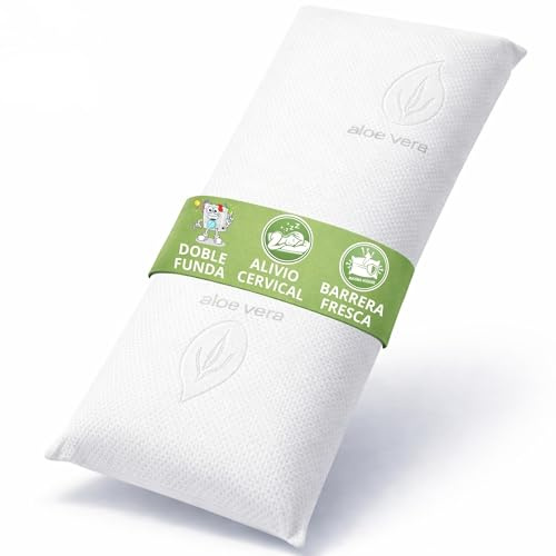 Almohada Viscoelástica 135 cm Aloe Vera de Núcleo Compacto Indeformable – Almohada Ergonómica de Alta Densidad para Dormir de Lado y Boca Arriba, Doble Funda Antialérgica Transpirable, OEKO-TEX