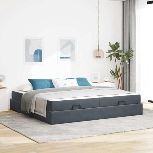 YunCangg Sängram med madrass 2-delad mörkgrå sammet, 203 x 200 x 43,5 cm, med förvaringsutrymme, ribbotten och komfortskummadrass, modern plattformssäng för sovrum med elegant sänggavel
