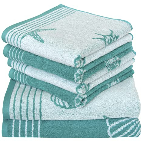 Dyckhoff 6-TLG Frottier Handtücher Set Seashell 100% Baumwolle 480 g/m² Oeko-Tex Zertifiziert weich saugstark 2X Duschtuch 70x140 cm 4X Handtuch 50x100 cm türkis 0764596310