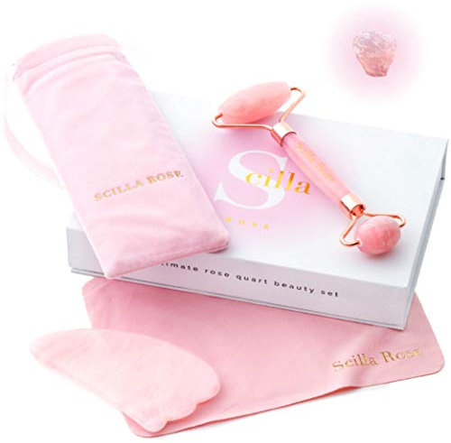 Scilla Rose - Jade Roller - Rose Quartz Roller and Gua Sha Gift Set Box for Her- Pink Jade Roller and Guasha Face Massager- Superior, Anti-Ageing Facial Massage Skincare Tools - Gifts for Women
